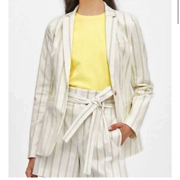 🆕 BANANA REPUBLIC women’s neon lime stripped LONG & LEAN-FIT STRIPE BLAZER sz 8 - Picture 2 of 11